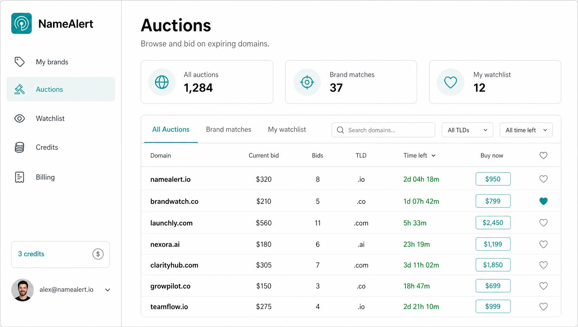NameAlert members dashboard in live use: auction stats, filters and a sortable table of domains with bids and countdowns